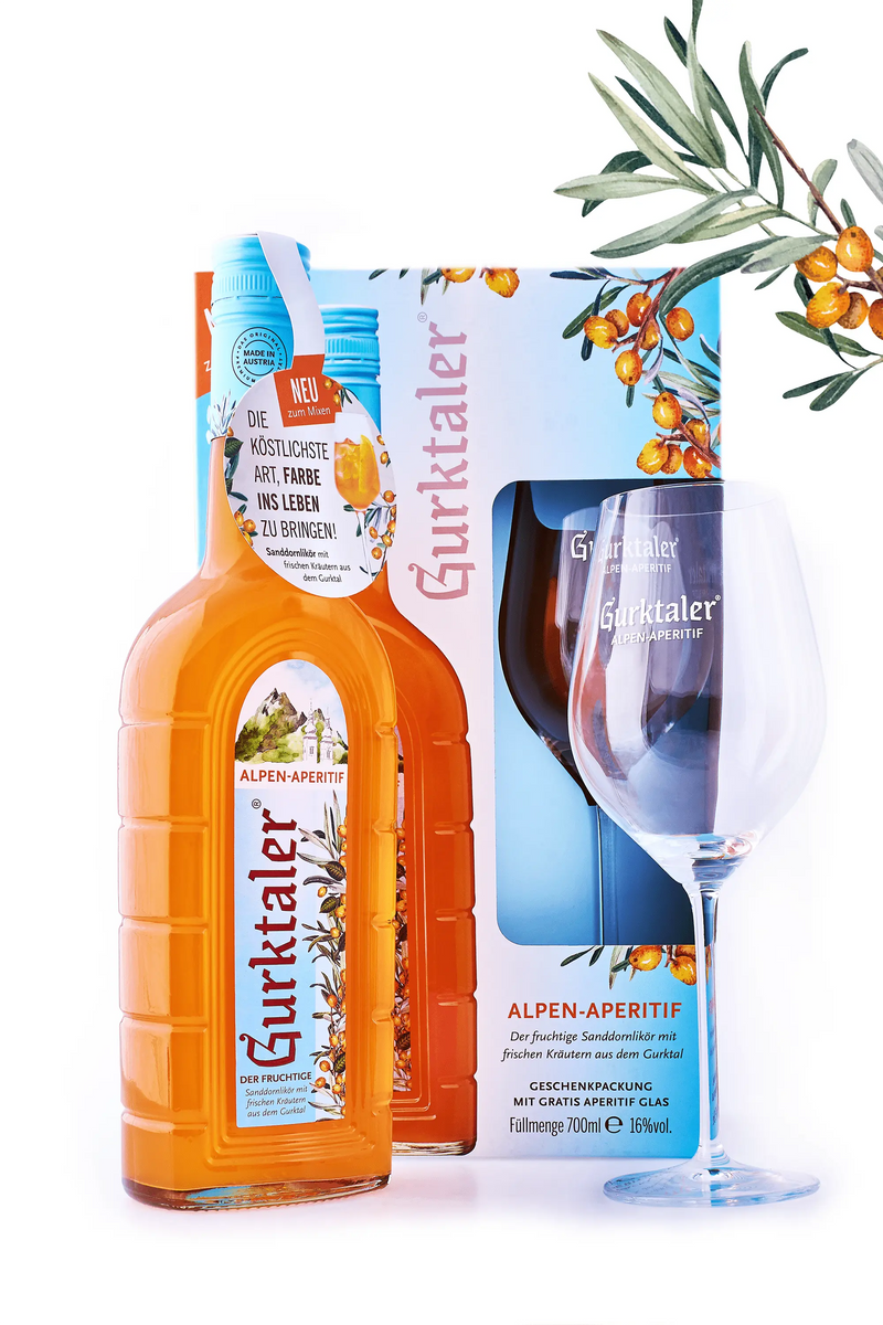 Gurktaler Alpen-Aperitif mit Gurktaler Alpenaperitif-Glas in Geschenkverpackung